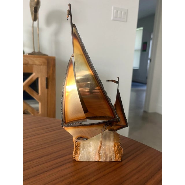 1970s Vintage Brutalist Brass Sailboat Sculpture on Onyx Base Signed-Mario Jason For Sale - Image 9 of 9