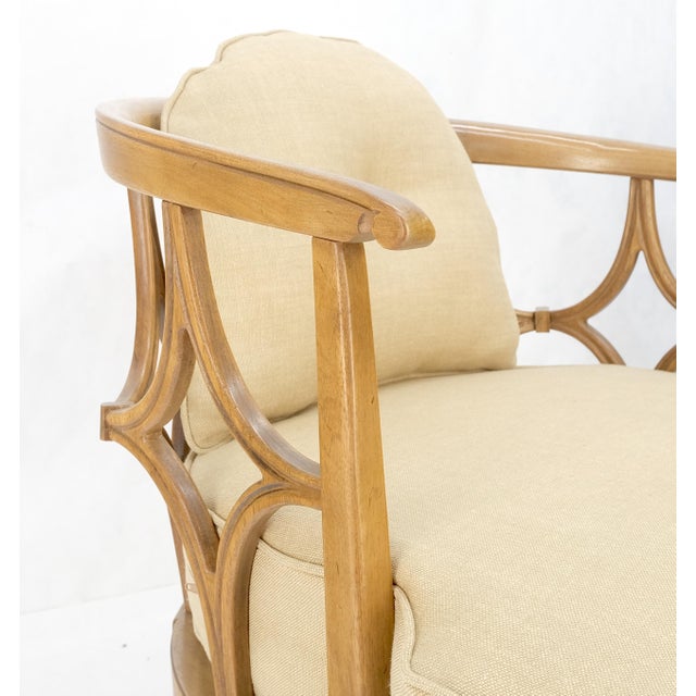 Pair of New Solid Gold Tone Linen Upholstery Barrel Back Wrap Around Lounge Arm Fireside Lounge Chairs MINT!