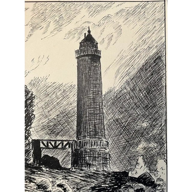 Circa 1931 the Lighthouse Original Pen & Ink Drawing by G. John For Sale - Image 4 of 7