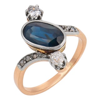1910s Edwardian Sapphire Diamond 18k Yellow Gold Ring, Size 5.25 For Sale