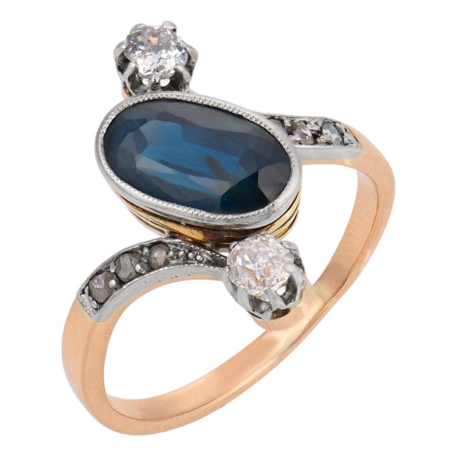1910s Edwardian Sapphire Diamond 18k Yellow Gold Ring, Size 5.25 For Sale