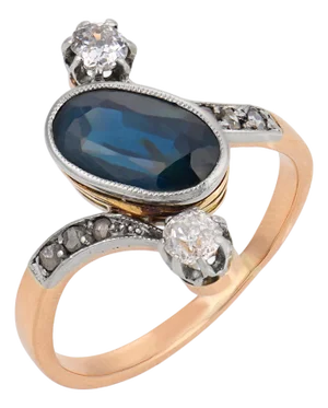 1910s Edwardian Sapphire Diamond 18k Yellow Gold Ring, Size 5.25