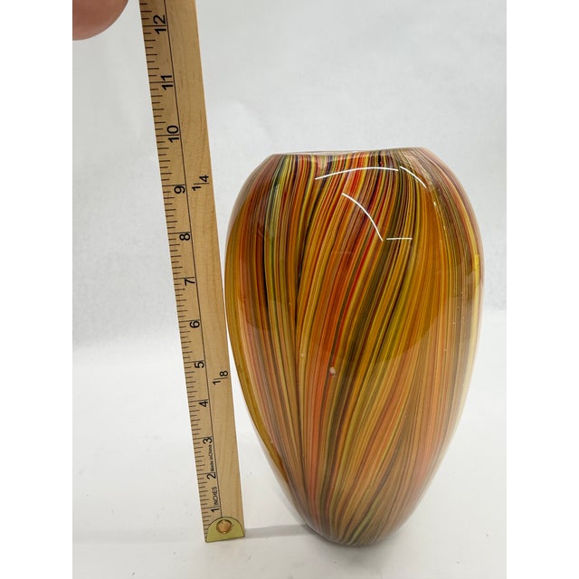 1980s Vintage Murano-Style Orange & Amber Striped Cane Art Glass Vase For Sale - Image 5 of 6
