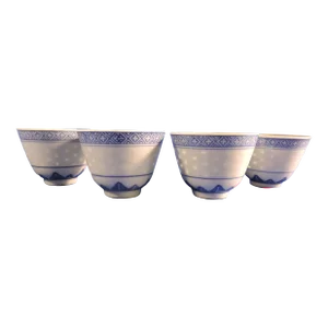 Mid 20th Century Jingdezhen Chinese Blue & White Porcelain Rice Grain Sake Cups- Set of 4
