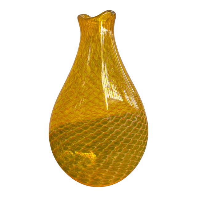 John Geci Vase Yellow Amber Art Glass White Cane Webbing 9 1/4” H For Sale