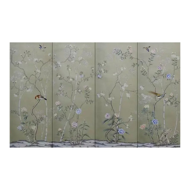 Chinoiserie Mural Hand Painted Artworks Hand Painted Wallpaper - 4 Panels For Sale