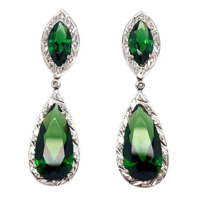 Mid 20th Century Pair of Tourmaline and Diamond Drop Earrings in 18k White Gold Setting - 2 Pieces For Sale