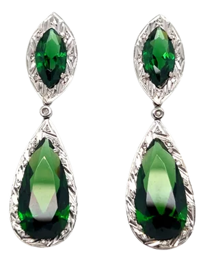 Mid 20th Century Pair of Tourmaline and Diamond Drop Earrings in 18k White Gold Setting - 2 Pieces