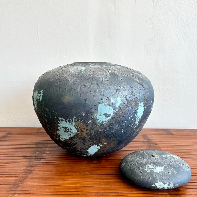Late 20th Century Vintage Boho Rustic Raku Cermaic Lidded Vessel For Sale - Image 5 of 6