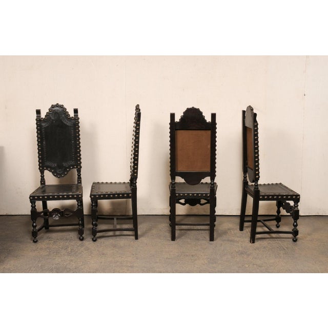 Wood Mid 20th Century Set of 8 Spanish Leather & Carved Wood Chairs With Nailhead Trim For Sale - Image 7 of 12