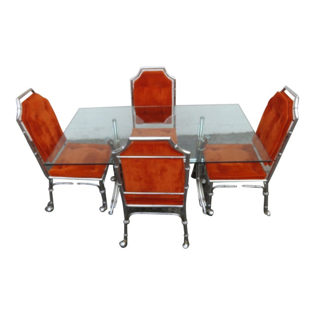 Chrome Bamboo Glass Top Dining Dinette Table With 4 Chairs on Casters 6289 For Sale