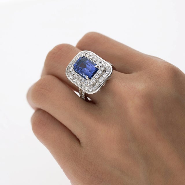 Blue Gia Certified 6 Carat Emerald Cut No Heat Burma Blue Sapphire & Diamond Ring For Sale - Image 8 of 11