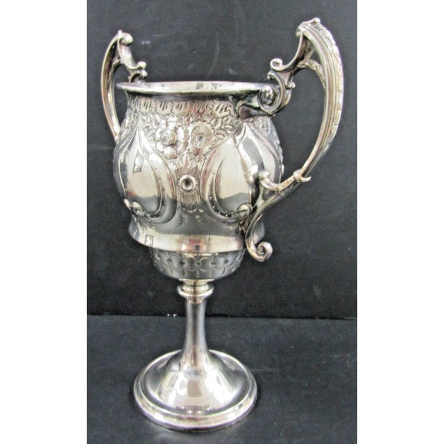 Silver 1900s Victorian Silver Plated Trophy Cup Cast Scroll Handles Chased Floral Design For Sale - Image 8 of 12