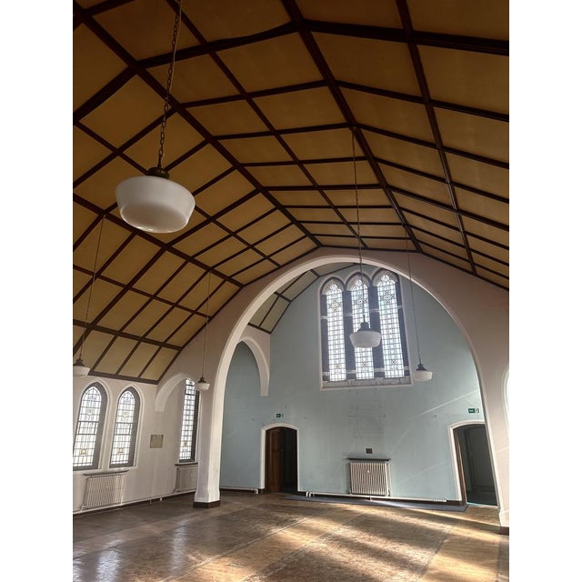 Large Antique English Opaline Milk Glass and Brass Church Pendant, 1890s For Sale - Image 11 of 12