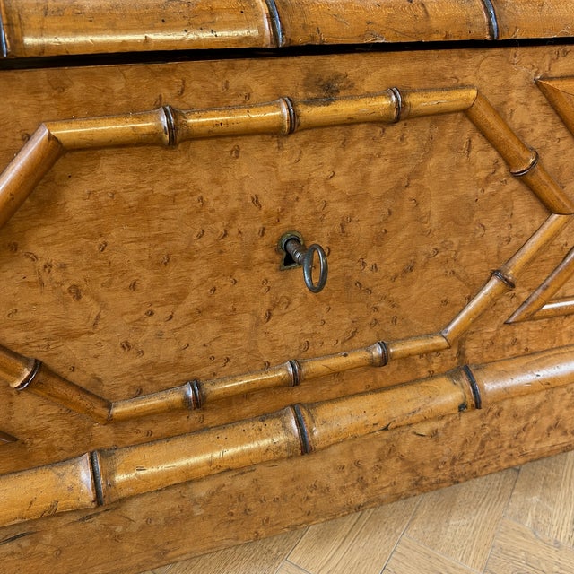 French Birds Eye Maple Faux Bamboo Mirrored Armoire, 1900 For Sale - Image 6 of 12