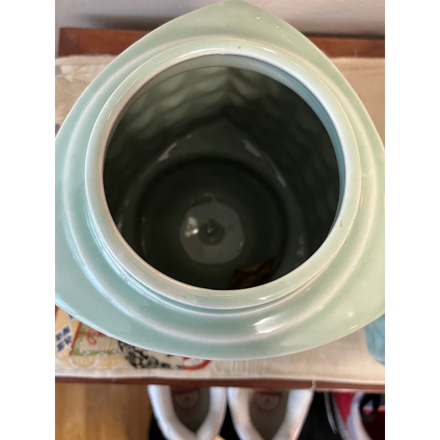 Ceramic Heavy Pair of Mid-Century Modern Celadon Geometric Vases - 10" Ceramic Decor For Sale - Image 7 of 8