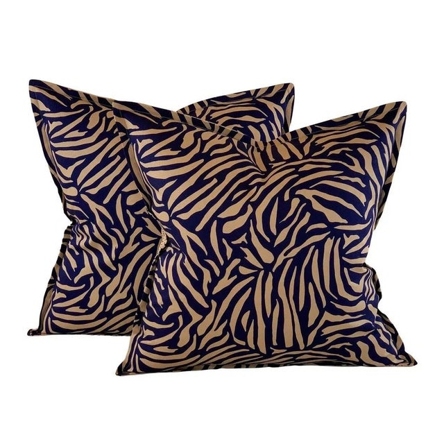 Textile Designer Vicki Payne Free Spirit Navy Blue & Taupe Brown Zebra Animal Print Pillow Covers- 3 Pieces For Sale - Image 7 of 8