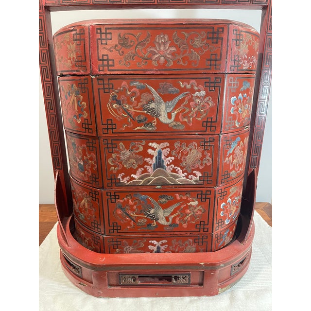 A Large Antique Chinese Red Lacquered Four-Tier Stacking Wedding Basket/Box. For Sale In Boston - Image 6 of 12