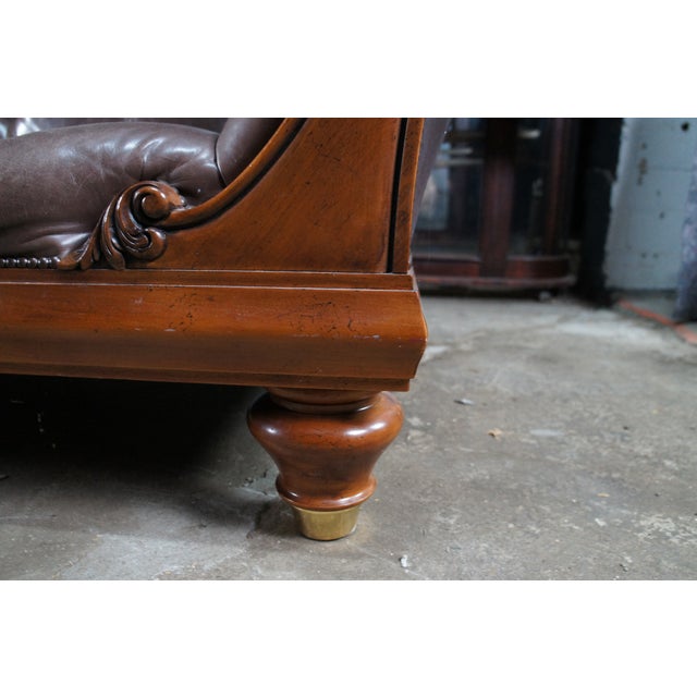 Late 20th Century Baker Furniture Stately Homes Tufted Brown Leather & Walnut Chatsworth Sofa For Sale - Image 12 of 15