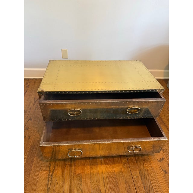 Campaign Vintage Sarreid Ltd. Handcrafted in Spain Brass-Clad Campaign Coffee Table With Two Drawers and Glass Top For Sale - Image 3 of 12