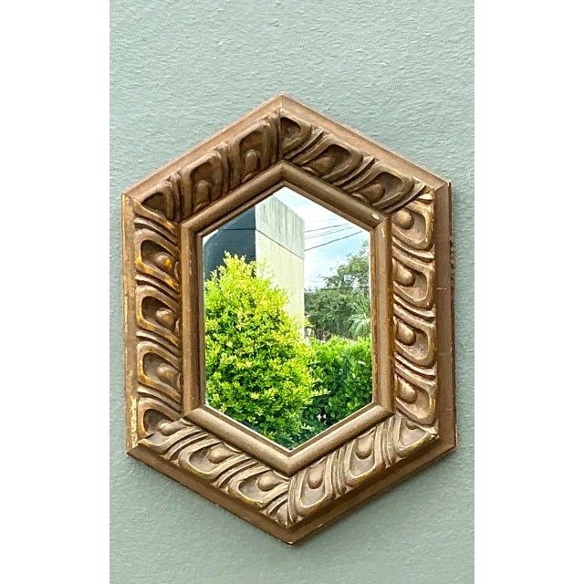 Wood Vintage Italian Hexagonal Carved Wood Mirror For Sale - Image 7 of 12