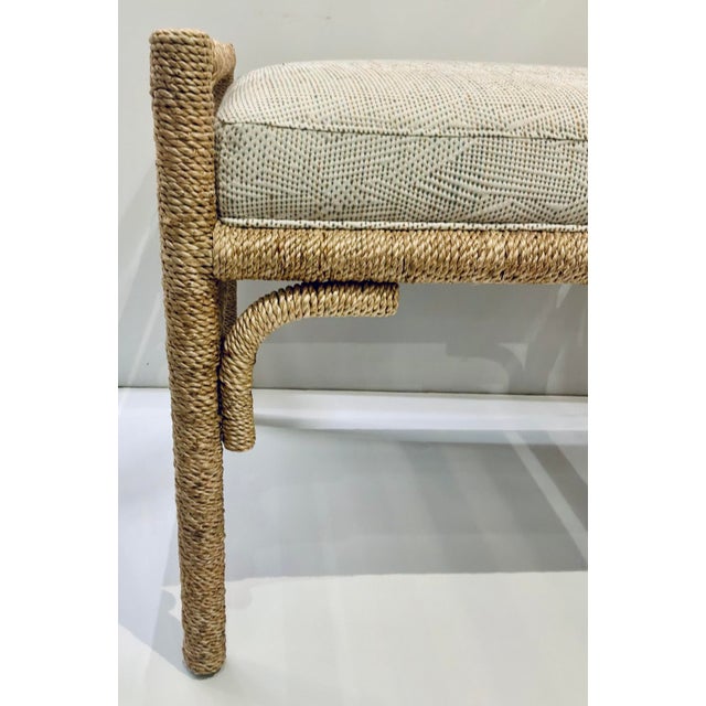 Original retail $1840, stylish Currey & Company Natural Rope Olisa Ottoman, organic white, gray, and taupe dot fabric,...