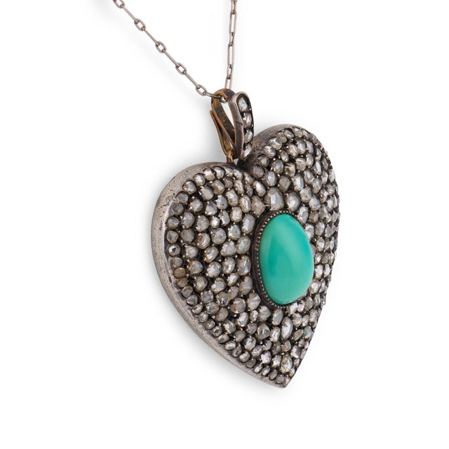 Victorian Late 19th Century Victorian Turquoise Diamond Silver Heart Pendant Necklace For Sale - Image 3 of 6