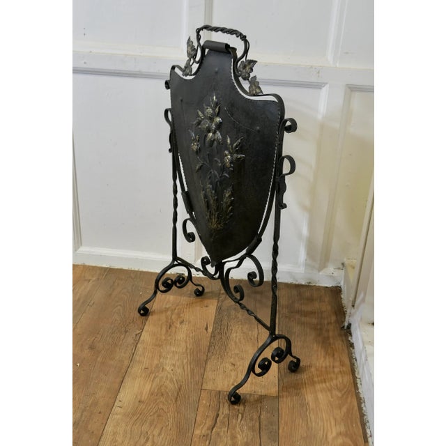 Victorian Arts and Crafts Gothic Shield Iron Fire Screen For Sale - Image 4 of 7