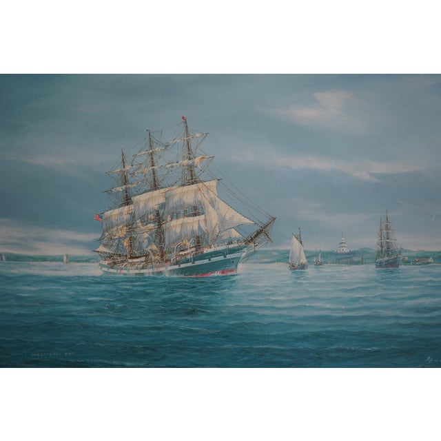 Vintage Tall Sailing Ships Oil Painting on Canvas of Chesapeake Bay Signed For Sale - Image 4 of 12