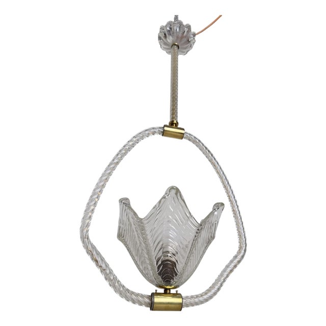 Italian Art Deco Murano Glass and Brass Pendant Light, 1930s For Sale