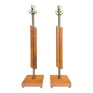 Mid-Century Modern Architectural Walnut and Brass Table Lamps, Pair For Sale