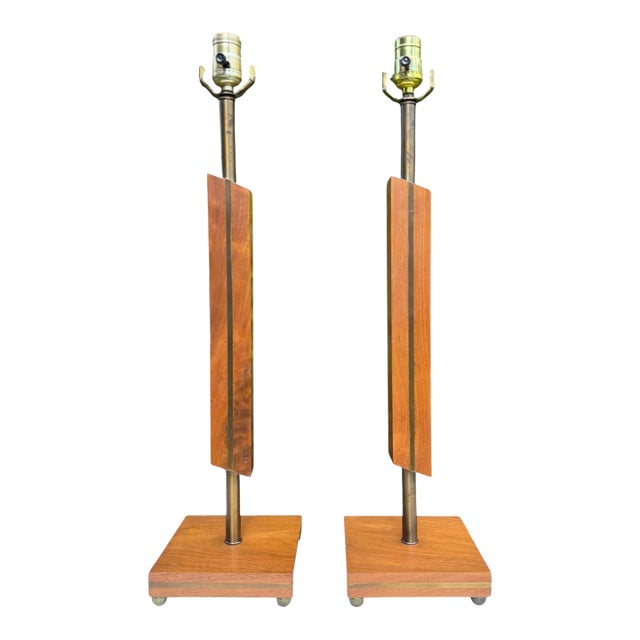 Mid-Century Modern Architectural Walnut and Brass Table Lamps, Pair For Sale