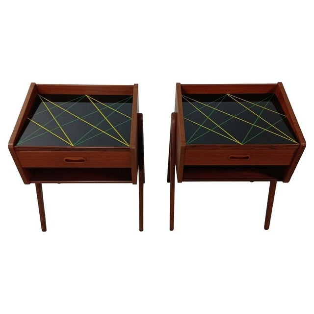 Wood Fully Restored Teak Nightstands with Decorated Glass Tabletops, 1960s, Set of 2 For Sale - Image 7 of 7
