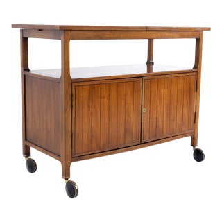 Mid Century Walnut and Black Laminate Expanding Bar Cart For Sale