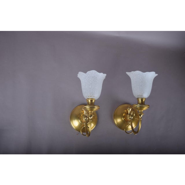 Brass Wall Sconces with Frosted Textured Tulip Glass Shades, 1950s, Set of 2 For Sale - Image 15 of 15