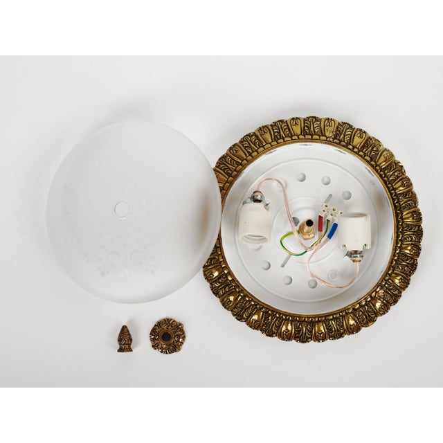 1960s 1960s Small Brass & Frosted Glass Flush Mount Fixture For Sale - Image 5 of 7