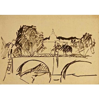 Beppe Guzzi, Bridge in Florence, 1950s, Ink on Paper For Sale