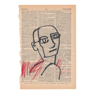 Contemporary Portrait Ink Drawing on Vintage Paper For Sale