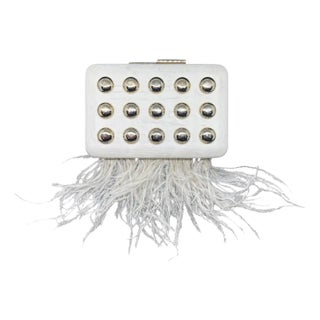 Elegant White Wooden Clutch Bag With Feathers and Studs Made by Laurafed For Sale