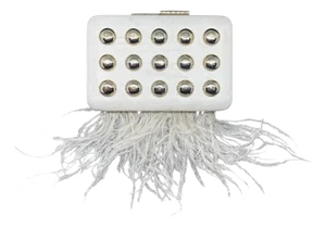 Elegant White Wooden Clutch Bag With Feathers and Studs Made by Laurafed