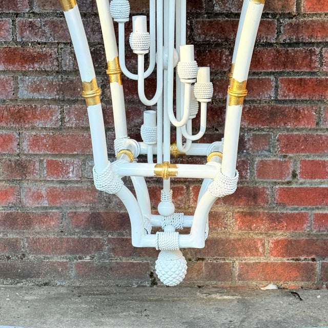 Mid 20th Century Vintage Palm Beach Regency Parcel Gilt Faux Bamboo Lantern Chandelier Curated and Newly Painted by Turtle and Crane For Sale - Image 5 of 11