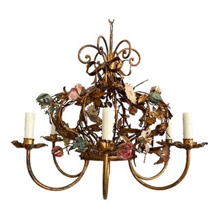 Italian Vintage Gilt Tole Iron Crown Chandelier For Sale