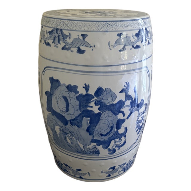 Blue and White Porcelain Chinoiserie Chinese Garden Stool or Side Table For Sale