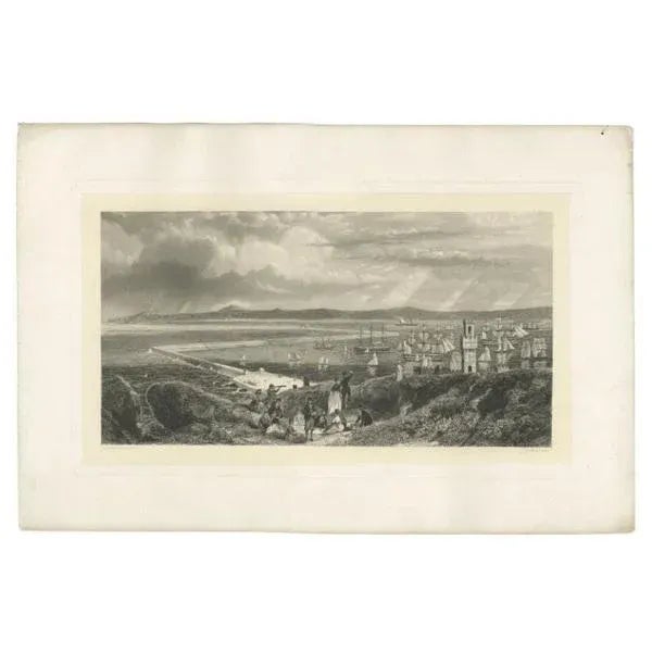 Untitled antique maritime print. Antique print depicting an unidentified port/harbour. In the background various vessels....