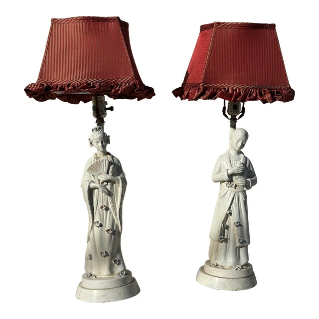 1940s Pair of Lamps White Porcelain Figurines With Custom Pinstriped Shades For Sale