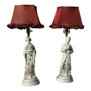1940s Pair of Lamps White Porcelain Figurines With Custom Pinstriped Shades