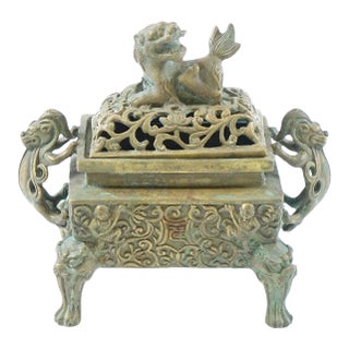 Antique Early 19th Century Bronze Chinese Foo Lion Incense Burner, Marked Ming Dynasty For Sale