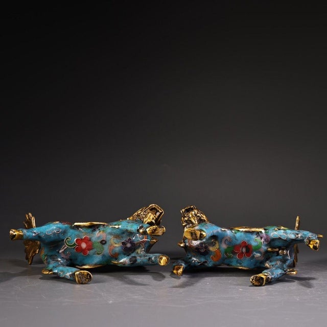 Blue Mid 20th Century Pair of Gilt Cloisonne Enamel Qilin Figures – 5.1" Mythical Beast Statues For Sale - Image 8 of 10