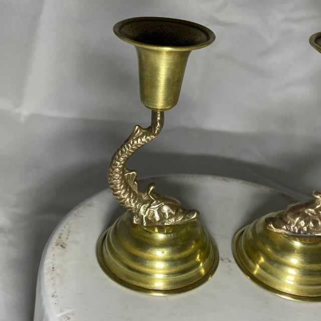 Metal Vintage Brass Dolphin Candlestick Holders- Pair For Sale - Image 7 of 11