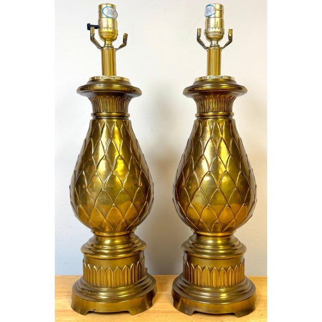 Pair of Hollywood Regency Brass Artichoke Table Lamps by Stiffel, Mid-Century Modern Pair of Hollywood Regency Brass...